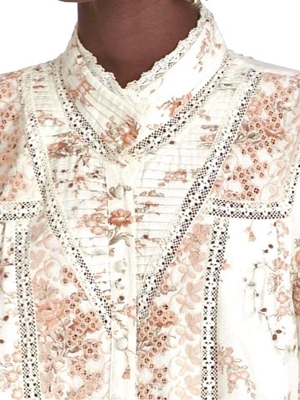 LoveShackFancy Laredo Pintuck Lace Cotton Blouse Ivory Pink Floral Size Medium - Picture 3 of 11